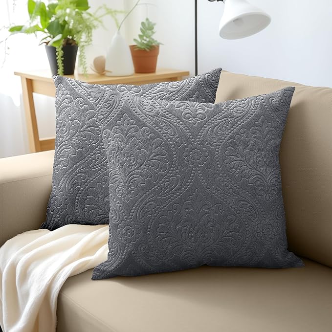 Encasa XO Luxury Embossed Velvet Throw Pillow Covers - Plush Cushion Covers for Elegant Living Rooms & Bedrooms, Machine Washable, 24"x24" Grey | Set of 2 | Covers Only No Insert