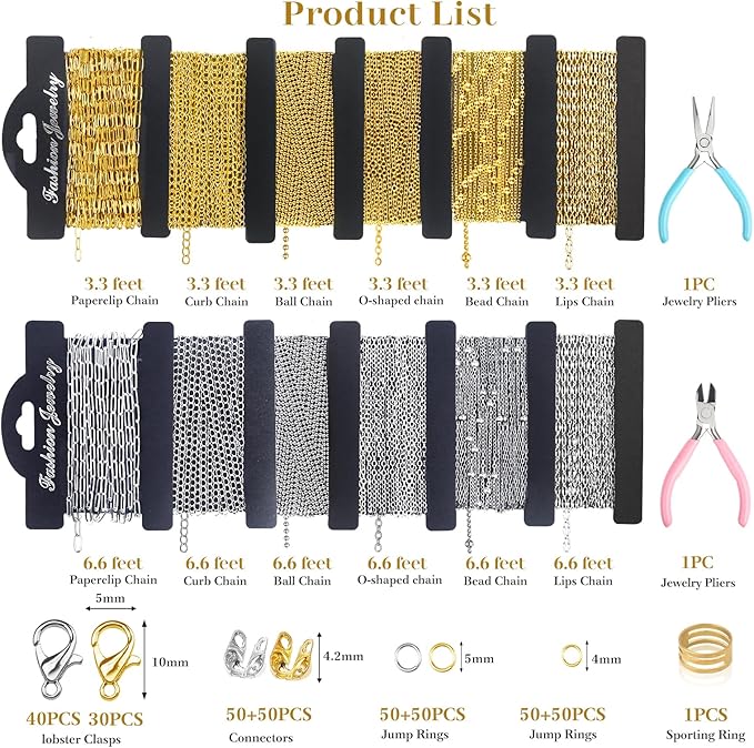 Wisreach 18K Gold & Silver Necklace Chain for Jewelry Making, 60 Feet 12 Rolls DIY Jewelry Chains, with Jump Rings, Clasps, Connectors, 52 Letter Pendants, 50 Mixed Color Pendants & Pliers