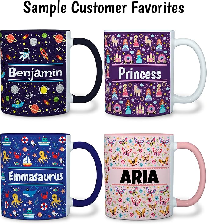 Personalized Mug for Kids - Sweets - Custom Name/Text, Ceramic Hot Chocolate/Cocoa/Coffee Cup for Boys/Girls, Birthday/Christmas/Holiday Gift - 11 oz, Black Handle