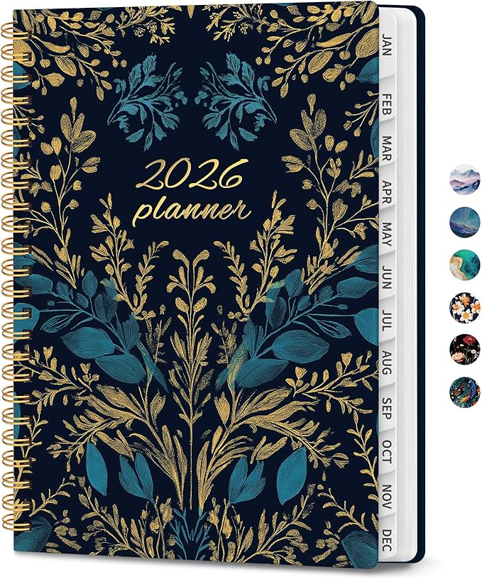 2026 Planner, Monthly and Weekly Calendar Planner for Women, Jan 2026 - Dec 2026, Hardcover Pretty 2026 Agenda Planner Book with Tabs, Spiral Bound, Perfect for School Office Home Supplies, 6.3" x 8.5" - Golden Elegance