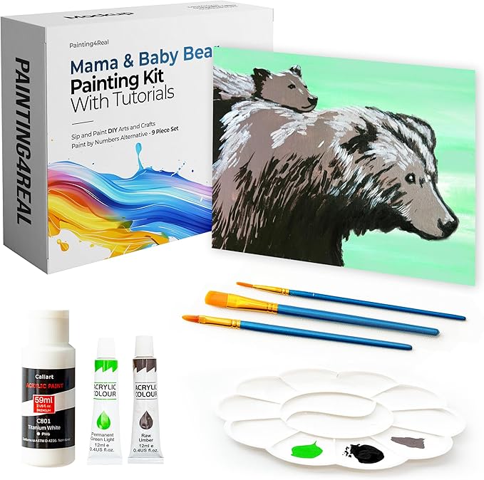 DIY Painting Class Kit for Adults with Video Tutorials: Learn to Paint Mama & Baby Bear – How to Paint with Acrylics – Ideal Mothers Day Gift – 9 Piece Acrylic Paint Set