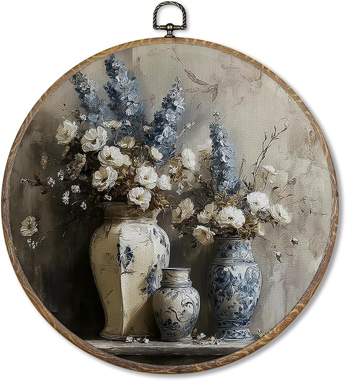 FUGWN Vintage Floral Round Wall Art Decor Framed, French Country Elegant Floral Canvas Artwork Prints, Farmhouse Blue and White Flower Wall Hanging Decorations for Home Bedroom Living Room, 10x10 Inch