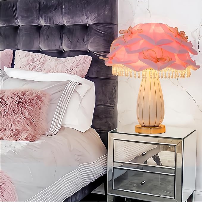 Pink Flower Lamp Romantic Bouquet Bedside Lamp Cute Nightstand Light Nordic Bow Table Lamp for Bedroom Living Room Entry Office Study Room Kid Room Valentines Dating Wedding Chirstmas Deco