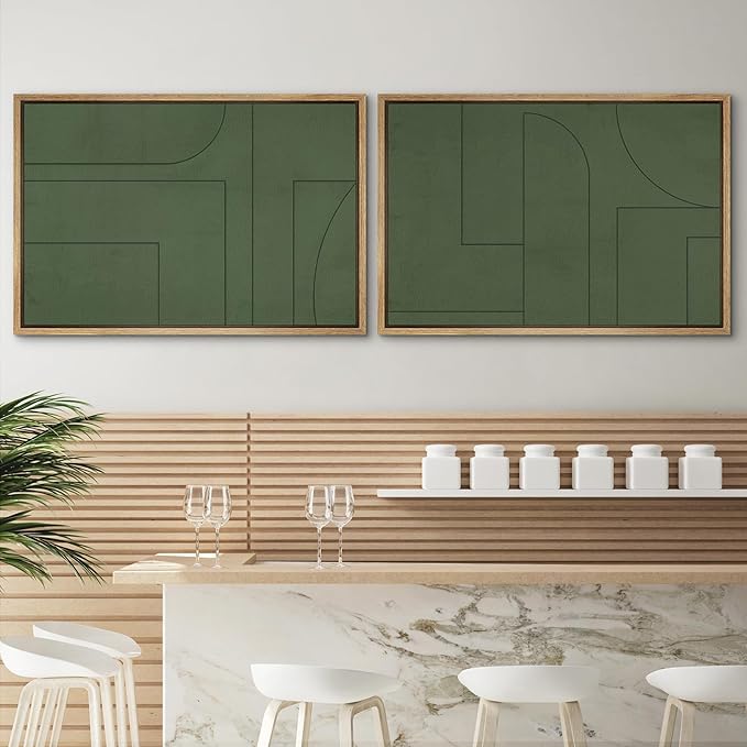 SIGNWIN Framed Canvas Print Wall Art Set Green Mid-Century Polygon Landscape Abstract Shapes Digital Art Modern Art Decorative Minimalism Vintage for Living Room, Bedroom, Office - 16"x24"x2 Natural