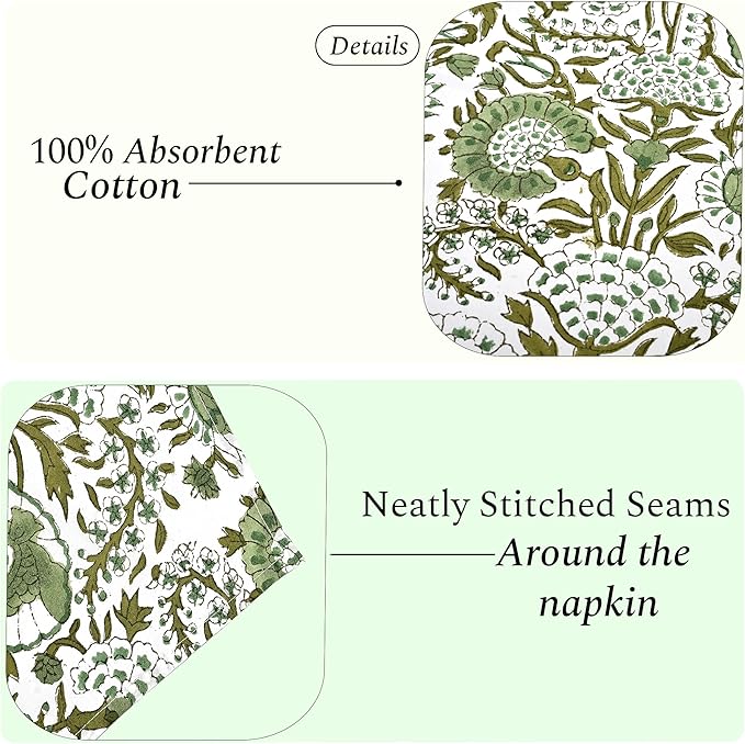 CPC Cloth Napkins 100% Cotton Set of 4 Reusable Napkins, Indian Block Print Toile Floral Dinner Napkin, Fall Thanksgiving Christmas Holiday Party Gift - Soft Absorbent Napkin, 18"x18" Agate Green