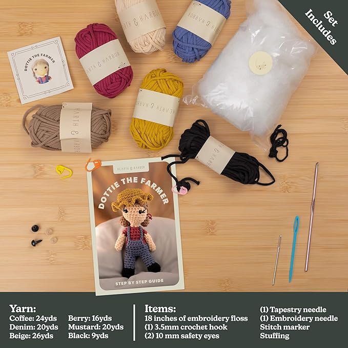 Amigurumi Crochet Kit for Beginners Adults and Kids, Learn to Crochet Kits for Adults Beginner with Easy Yarn, Stuffed Crochet Animal Kit with Step-by-Step Video Tutorials – Dottie the Farmer