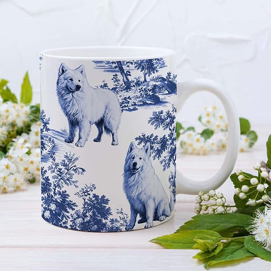 Samoyed Blue French Toile Mug, Samoyeds Lover Gifts for Women, Blue Chinoiserie Toile Coffee Cup for Samoyed Mom, Dog Lovers Tea Coffee Mug Birthday Gifts for Dog Owners, 11oz