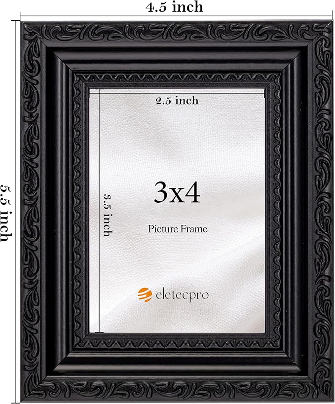 eletecpro 3x4 Picture Frames Set of 4, Ornate Vintage Photo Frames with Glass, Rustic Gothic Frame Displays 3x4 Photo for Tabletop, Black
