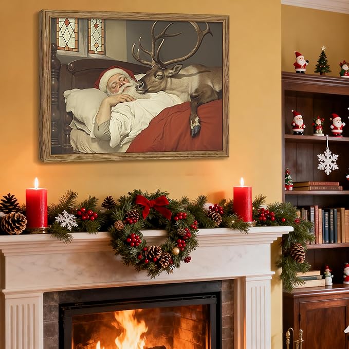 Framed Christmas Wall Art, Vintage Santa Claus and Reindeer Canvas Prints Winter Holiday Home Decor Christmas Wall Decor for Bedroom Living Room – 16x24in