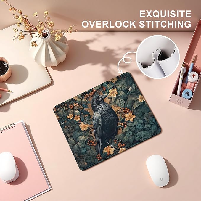 Vintage Moody Raven Mouse Pad, Dark Contemporary Botanical Crow Bird Mouse Pads Mousepad for Desk Home Office Dorm Computers Laptop, Gothic Nature Office Supplies Desk Accessories, 9.5x7.9 Inch