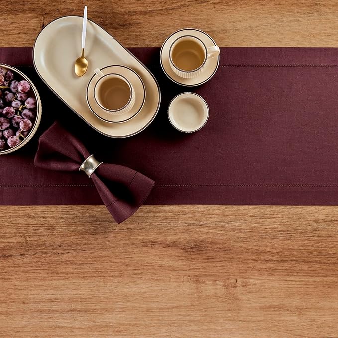 Solino Home Linen Burgundy Table Runner 144 Inches Long - 100% Pure Linen Extra Long Table Runner 14 x 144 Inch for Valentines, Winter - Classic Hemstitch