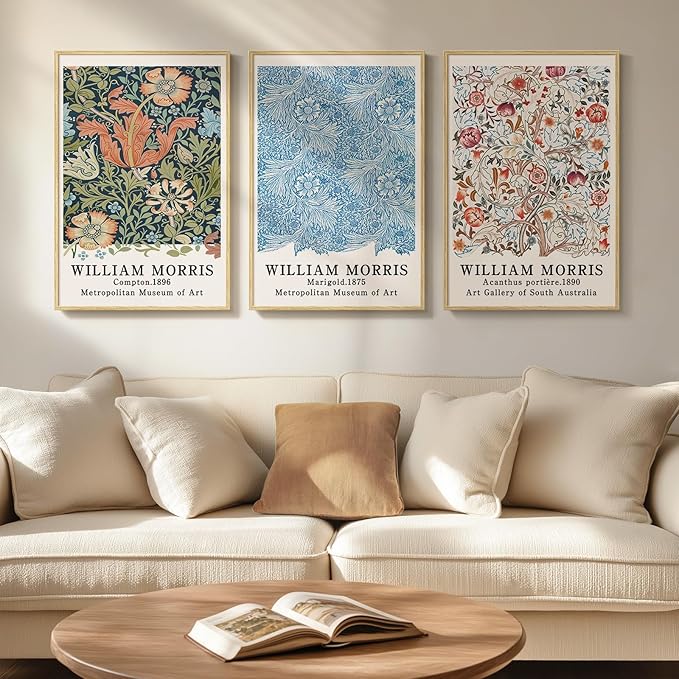 Framed William Morris Wall Art Set of 3, Large Vintage Floral Botanical Canvas Prints, Colorful Artwork for Living Room Bedroom Hallway Office Wall Decor, 16x24 Inch