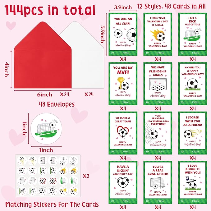 TICIAGA 48 Set Valentine's Day Football Greeting Cards with Envelop Green Heart Soccer Notecard Sticker for Kids Sport Theme Exchange Gifts for Boys and Girls School Classroom Supplies Party Favors
