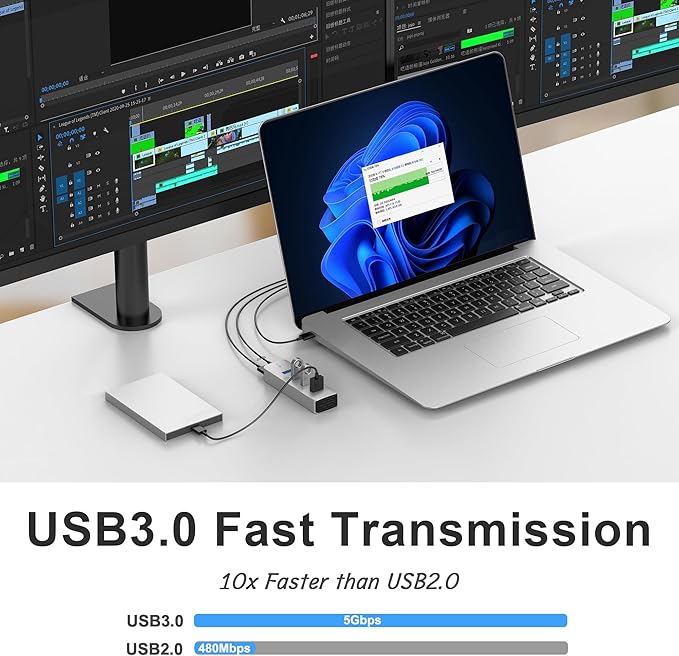 4Ports USB3.0 HUB,Extra Power Supply Port,3.3FT(1M) Long Data Cable and 3.3FT(1M) Long Power Cable,Aluminum 5Gbps High Speed USB Splitter,Multi Port Extender Hub for PC, Laptop, Mac,etc (HA-4U)