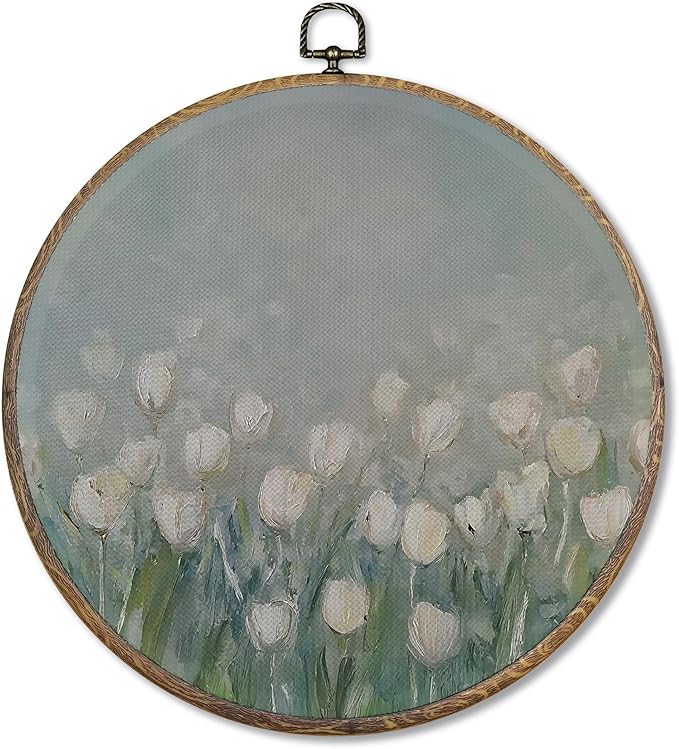 FUGWN Vintage Tulip Floral Round Wall Art Decor Framed, Retro Cottagecore White Tulip Flower Botanical Canvas Artwork Prints, Floral Wall Hanging Decorations for Home Bedroom Living Room, 10x10 Inch