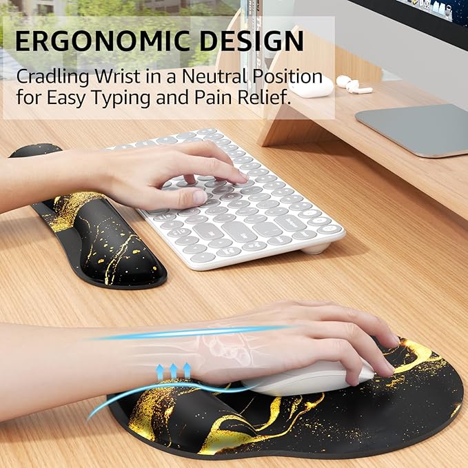 KTRIO Ergonomic Keyboard Wrist Rest, Memory Foam Mouse Pad with Wrist Rest for Computer Keyboard, Mouse Pad Set for Easy Typing & Pain Relief for Office & Home, Black Gold