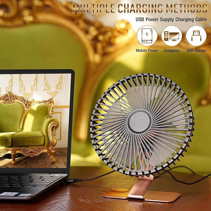 SLENPET 6 inch USB Desk Fan, 4 Speeds, Ultra-quiet, 90° Adjustment for Better Cooling, Portable Mini Powerful Desktop Table Fan, Small Personal Fan for Home Office, Metal Base, Bronze