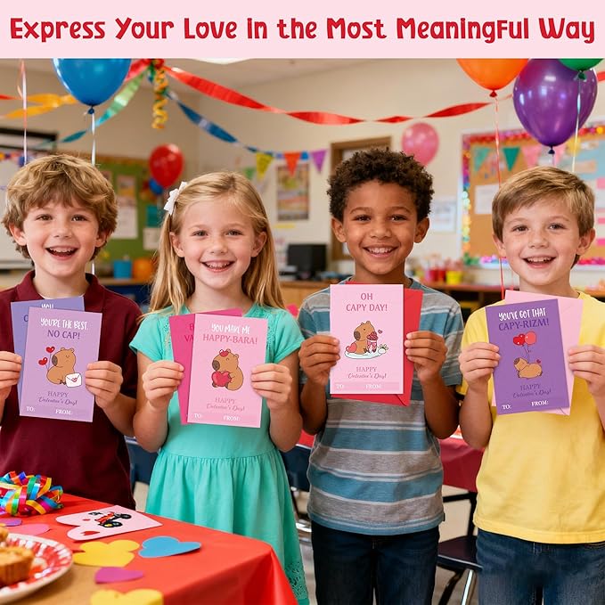 TICIAGA 144pcs Valentine's Day Capybara Greeting Card with Envelop and Stickers for Kids, Fun Animal Notecard Gift Cards for Boys and Girls School Classroom Exchange, Valentines Capybara Party Favors