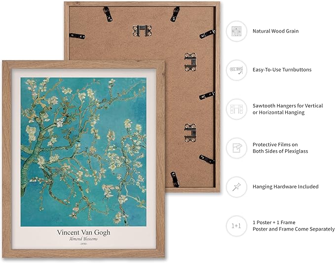 Monem Art Vintage Van Gogh Poster - Retro Almond Blossoms Print - Impressionism Art - Fine Art - Classic Painting Art - Flower Art - Floral Bedroom or Office Wall Decor - 16x20 Beige Framed