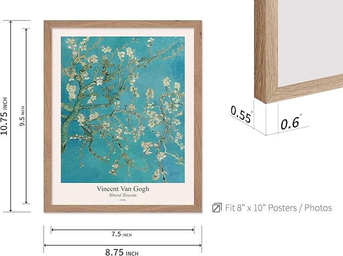 Monem Art Vintage Van Gogh Poster - Retro Almond Blossoms Print - Impressionism Art - Fine Art - Classic Painting Art - Flower Art - Floral Bedroom or Office Wall Decor - 8x10 Beige Framed
