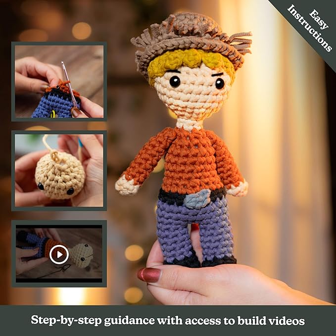 Amigurumi Crochet Kit for Beginners Adults and Kids, Learn to Crochet Kits for Adults Beginner with Easy Yarn, Stuffed Crochet Animal Kit with Step-by-Step Video Tutorials – Dixon the Farmer