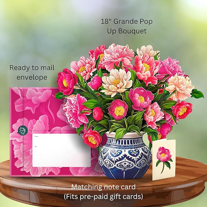 Freshcut Paper Pop Up Cards, Grande Peony Paradise, 18 Inch Life Sized Forever Flower Bouquet 3D Popup Greeting Card, Birthday Cards, Thank You Card, Blank Notecard & Envelope