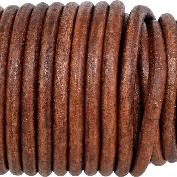 GENIQUE Real/Genuine Round Leather String Cord for Necklace, Bracelets, Jewellery, Braiding (Saddle Brown Distressed, 4mm)