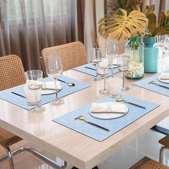 Cloth Placemats Set of 4, Cotton Linen Blend Machine Washable Double Layered Place Mats, Heat Resistant Placemats Rectangular Fabric Dining Table Mats for Indoors & Outdoors 19’’×13’’ (Light Blue, 4)