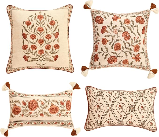 ISAENNE Design Linen Square Rectangle Vintage Throw Pillow Covers Set of 4, Red Euro Cushion Covers with Orange Floral Green Leaves Pattern Decor Pillowcases for Bed,Living Room,Outdoor,Car