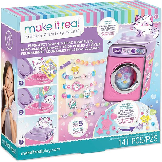 Make It Real: Purr-FECT Wash 'N Bead Bracelets - 141pc, DIY Jewelry Craft Kit, Design-Make 5 Charm Bracelets, Spin to Style, Bead Cleaning, Kids 8+