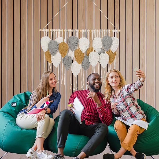 Large Macrame Wall Hanging Feather Decor – Handmade Cotton Cord Boho Room Decor for Bedroom, Nursery, Office – 39” W x 29.5” L (Silver, Gold, White)