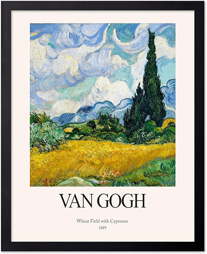 Monem Art Vintage Van Gogh Poster - Retro Impressionist Print - Wheat Field With Cypresses, Trees, Sky, Landscape - Gift for Artist, Friend - Wall Decor for Home, Office, 8x10 Black Framed