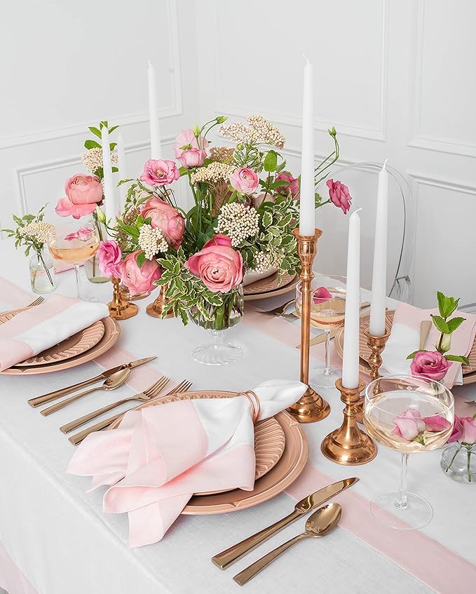 Solino Home Linen Table Runner 108 Inches Long - 100% Pure Linen Blush Pink and White Dining Table Runner 14 x 108 Inch for Valentines, Spring, Easter - Contempo