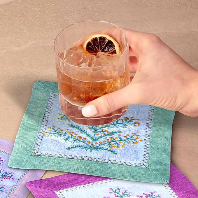 Cocktail Napkins Set of 6, 6x6 inch, 100% Linen, French Knot Hand Embroidered Floral Pattern, Reusable & Washable Napkin Coasters for Drinks, Parties, Weddings (Pink & Green)