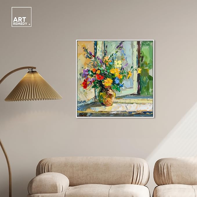 Art Remedy Vase By The Window Framed Impressionism 1 Piece Canvas Wall Art/Monet And Van Gogh Inspired Art, 31" x 31", White Frame