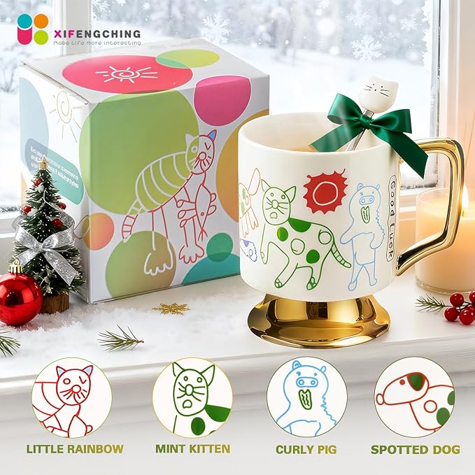 Christmas Mugs Whimsical Animal Ceramic fun Coffee Mug – 14oz Childlike Hand-Drawn Cat, Dog & Bear Design – Cute gothic Coffee Cup Gift for Women, Girls, Kids (white)