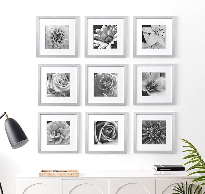 eletecpro 12x12 Picture Frames Set of 9 with Mat for 8x8 Photos or without Mat for 12x12, Square Gallery Wall Decor Collage for Picture Display, Silver Frame Set for Wall Hanging