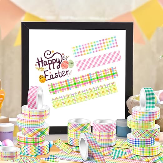 12 Rolls Easter Plaid Washi Tape Set, Colorful Pastel Buffalo Plaid Checkered Masking Decorative Tapes for DIY Craft Scrapbook Journals Easter Gift Wrapping School Supplies Christmas Decor 16.4FT