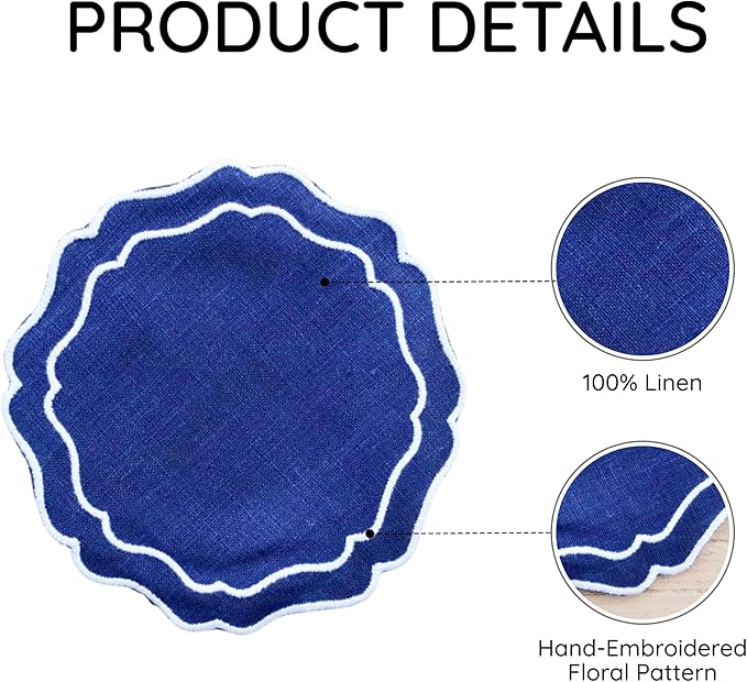 Drink Coasters Set of 6, 6x6 inch, Absorbent Linen Drink Mats with Scalloped Edge, Reusable Handmade Coffee Coasters for Home Decor & Tabletop Protection & Gift Giving (Navy)