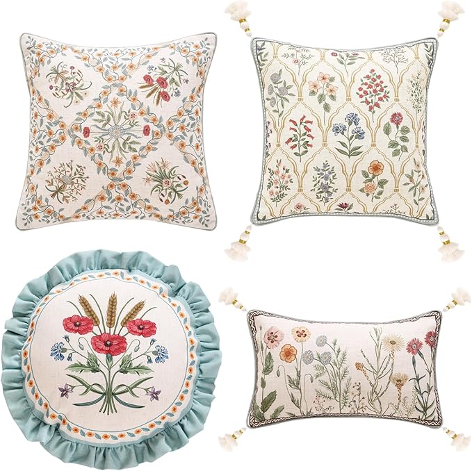 ISAENNE Design Linen Square Rectangle Round Throw Pillow Covers Set of 4, Farmhouse Cushion Covers with Powder Blue Watercolor Wildflower Pattern Decor Pillowcases for Bed,Living Room,Outdoor,Car