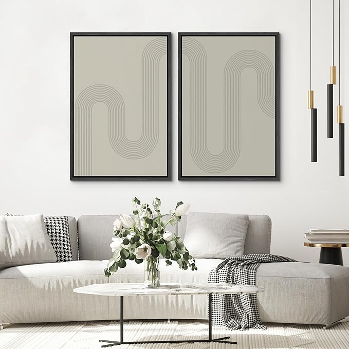SIGNWIN Framed Canvas Print Wall Art Set Geometric Tan Pastel Color Field Landscape Abstract Shapes Cozy Neutral Modern Art Minimalism Decorative for Living Room, Bedroom, Office - 16"x24"x2 Black