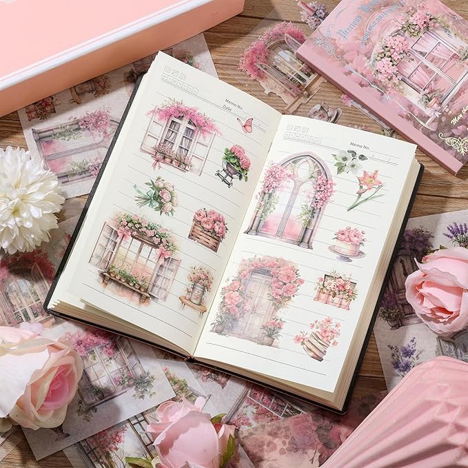 Garden Landscape Scrapbook Stickers 36 Sheets 200 Pre-Cut Washi Stickers for Journaling PET Transparent Sticker 18 Sheets Scrapbook Paper Decorative or DIY Crafts Arts and Crafting Projects