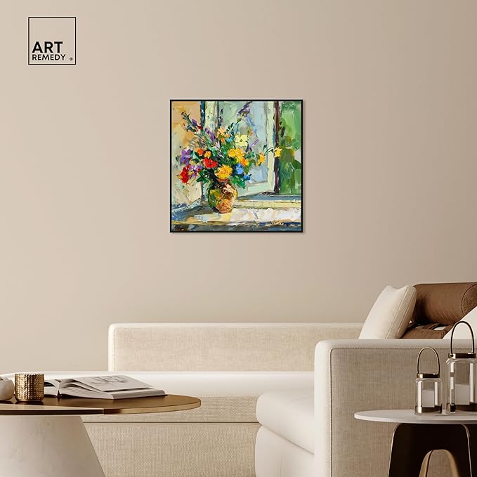 Art Remedy Vase By The Window Framed Impressionism 1 Piece Canvas Wall Art/Monet And Van Gogh Inspired Art, 31" x 31", Black Frame