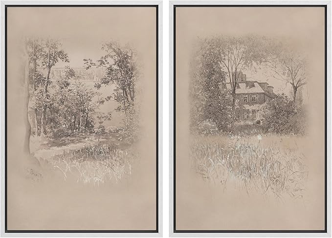 SIGNWIN Framed Canvas Print Wall Art Set Countryside Home and Trees Sepia Landscape Drawings Illustrations Modern Art Scenic Colorful for Living Room, Bedroom, Office - 16"x24"x2 White