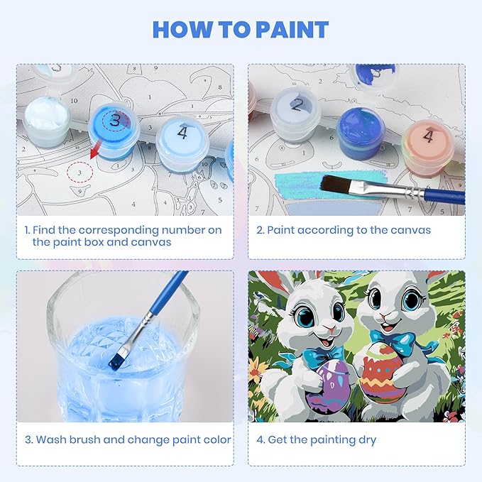 MXJSUA Easter Framed Paint by Numbers for Adults Beginners, Easy Adults' Paint-by-Number Kits on Canvas with Easel, White Bunnies Acrylic Number Painting Crafts Kits Gifts for Home Decor, 8x12inch