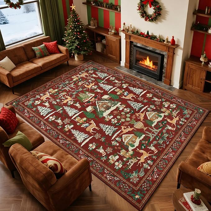 jinchan Christmas Rug 8x10 for Living Room Bedroom Maroon Holiday Decorative Rug for Dining Room Christmas Tree and Cabin Printed Large Xmas Decor Indoor Washable Non Slip Floor Carpet