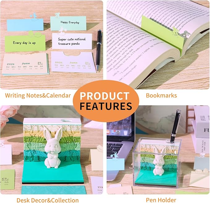 3D Time Piece Calendar 2026 3D Tear Away Art Memo Pad Notepad Desk Calendar with Light,3D Art Calendar Desktop Decoration Gift for Christmas (Auspicious Rabbit)