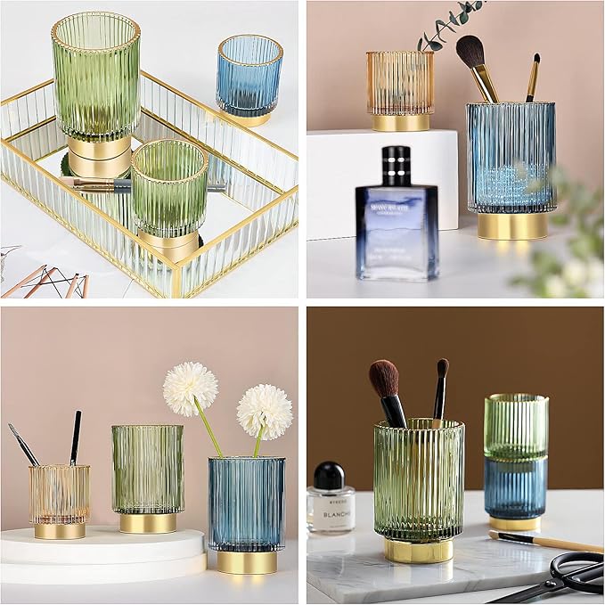 DASITON Makeup Brush holder Organizer,Crystal Cosmetic Makeup Brush Glass Brushes Storage Holder, Vintage Make Up Brush Cup Pen Pencil Holder striped vase(Blue S)
