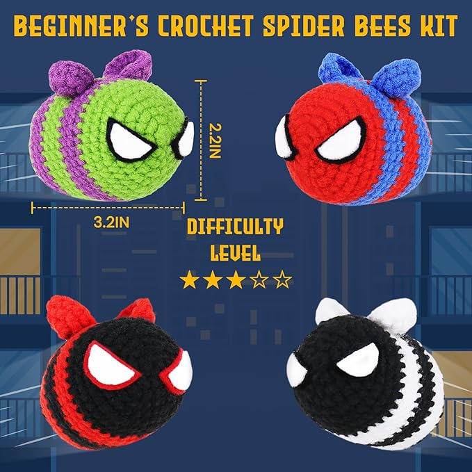 Crochetta Crochet Kit for Beginners, Crochet Starter Kit w Step-by-Step Video Tutorials, Beginner Crochet Kit for Adults Kids Women Men Complete Kit Included (4 Cool Bees)