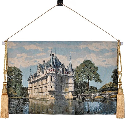 Vintage Nature Tapestry Wall Hanging Set with Telescopic Rod & Tassels - Jacquard Woven Fabric Aesthetic Country Landscape Wall Tapestry for Bedroom/Living Room Decor Green Art (42"x27") (Soft - toned, historic castle by the water)